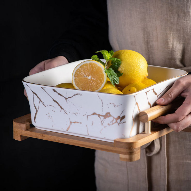 European Serving Bowl With Wooden Base