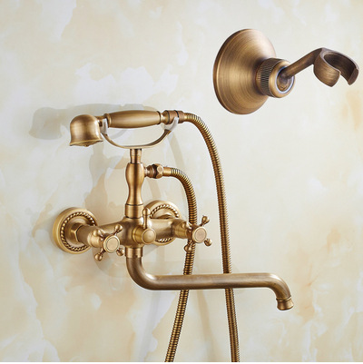 Classic Style Antique Brass Wall Mount Clawfoot Tub Filler with Hand Shower