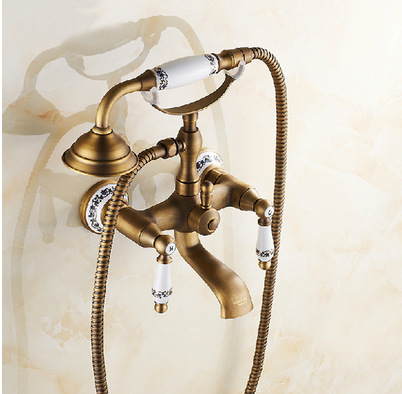 Classic Style Antique Brass Wall Mount Clawfoot Tub Filler with Hand Shower