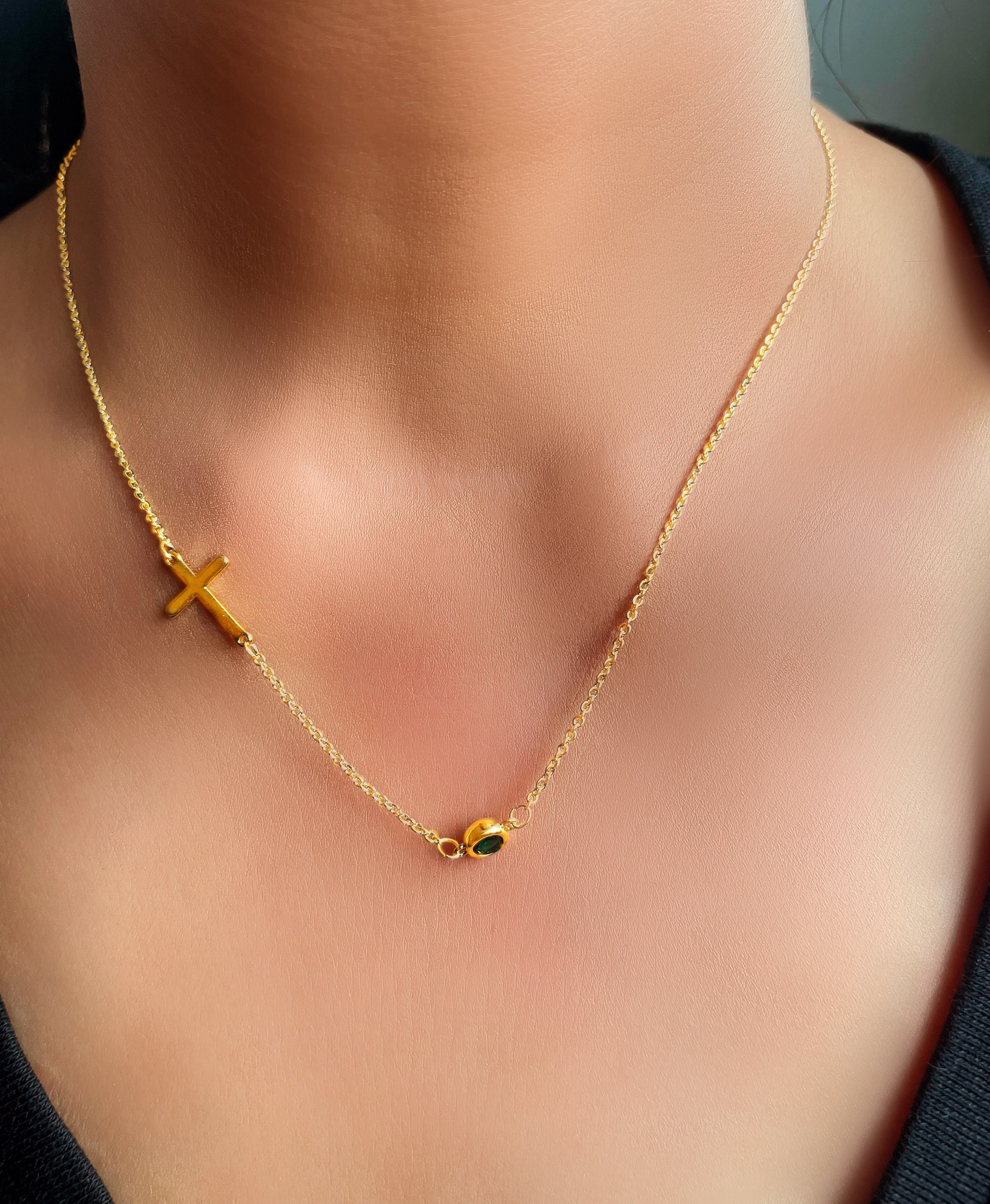 Sideways Cross with Birthstone Necklace