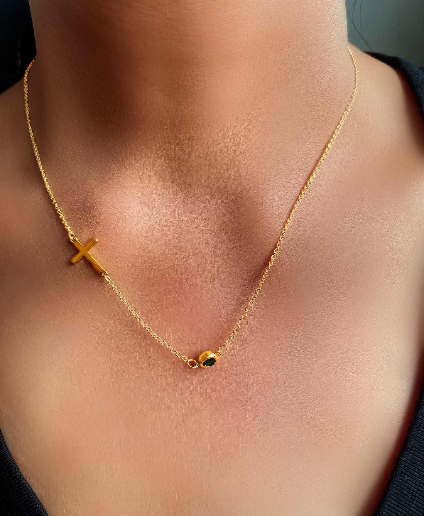 Sideways Cross with Birthstone Necklace