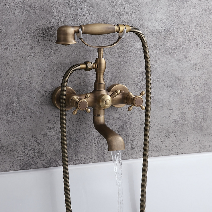 Classic Style Antique Brass Wall Mount Clawfoot Tub Filler with Hand Shower