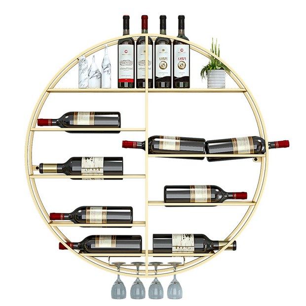 Modern Round Wall Mounted Metal Black Wine Rack with Glass & Bottle Storage