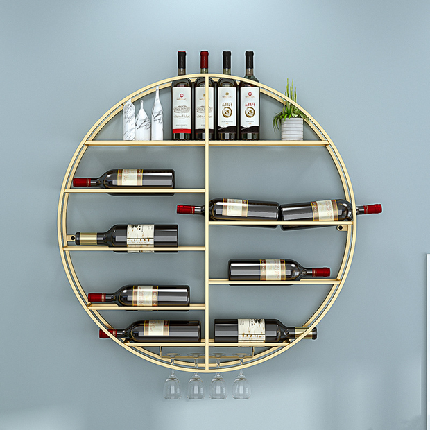 Modern Round Wall Mounted Metal Black Wine Rack with Glass & Bottle Storage