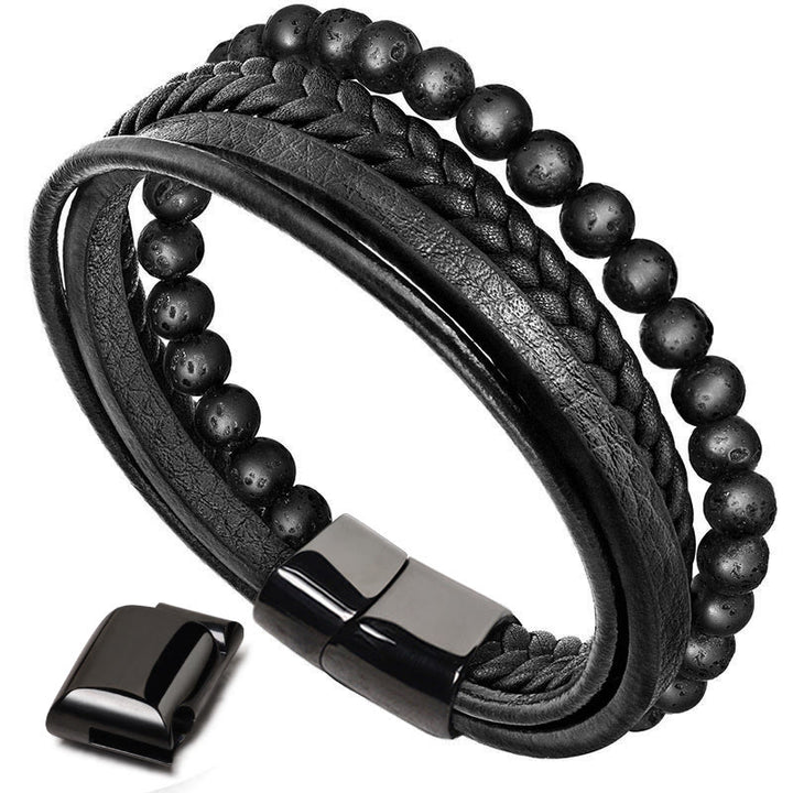 Lava Rock Black Onyx Bead Leather Bracelet