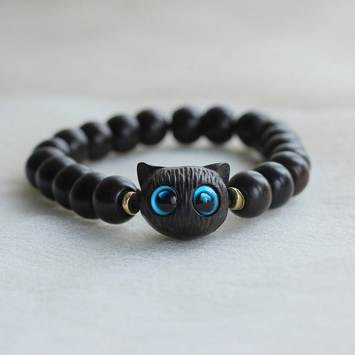 Wooden Peace Bracelet with Cat Charm