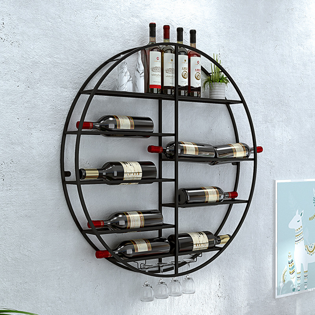 Modern Round Wall Mounted Metal Black Wine Rack with Glass & Bottle Storage