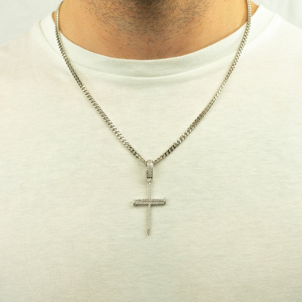 White Gold Zircon Nail Cross Pendant