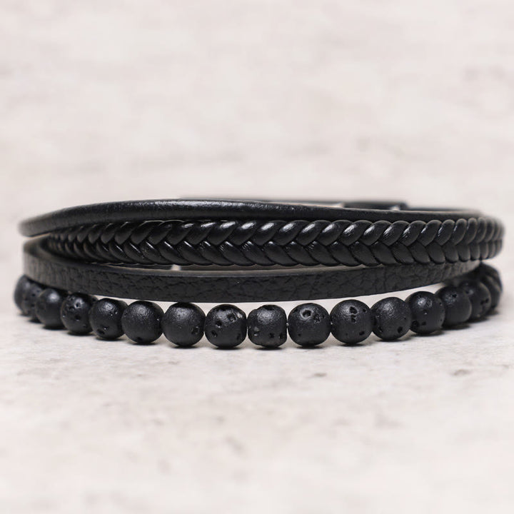 Lava Rock Black Onyx Bead Leather Bracelet