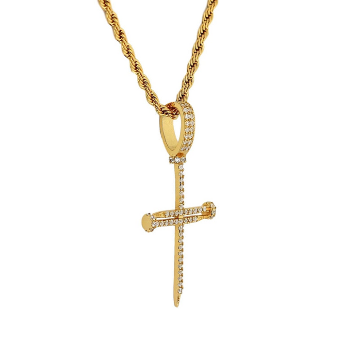 Gold Zircon Nail Cross Pendant