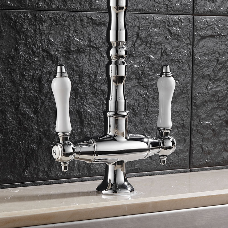 Porcelain Double Handles Single Hole Brass Kitchen Faucet