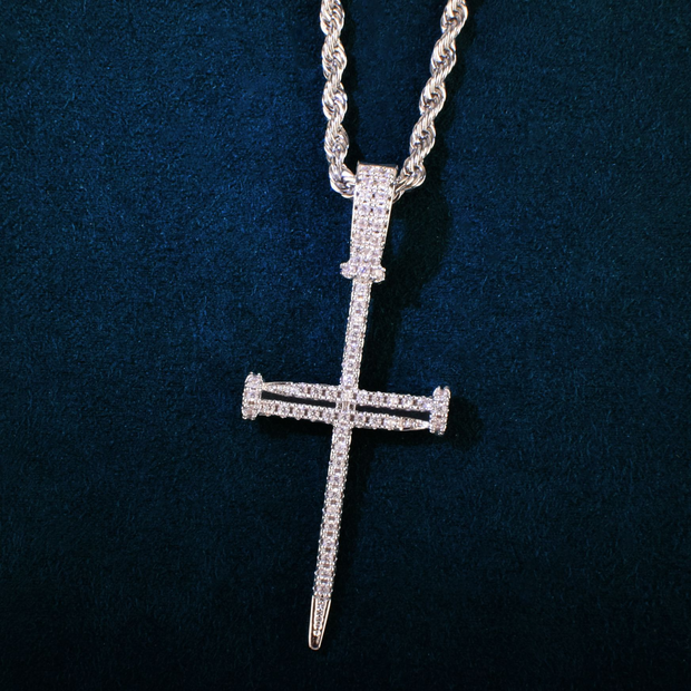 White Gold Zircon Nail Cross Pendant