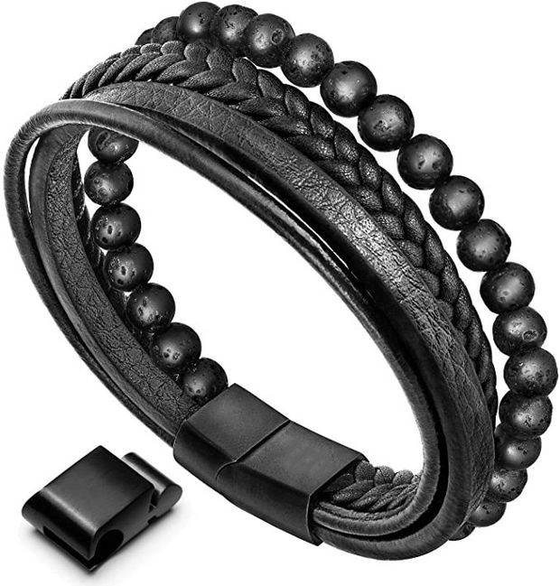 Lava Rock Black Onyx Bead Leather Bracelet