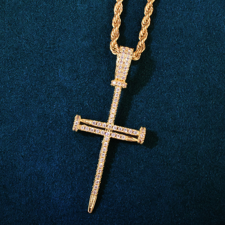 Gold Zircon Nail Cross Pendant