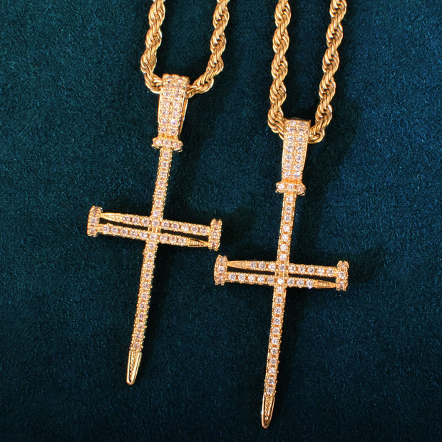 Gold Zircon Nail Cross Pendant