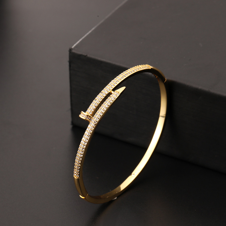 Gold 4mm Iced Nail Bangle Bracelet