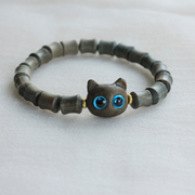 Wooden Peace Bracelet with Cat Charm