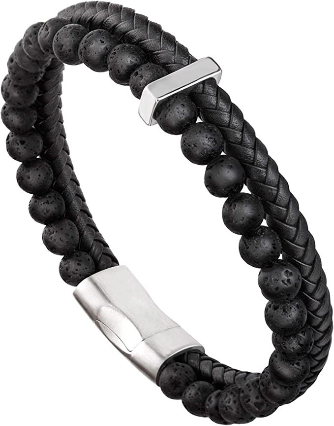 Lava Rock Black Onyx Bead Leather Bracelet