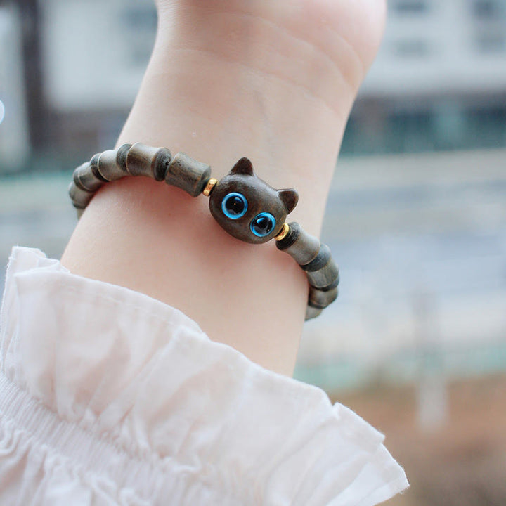 Wooden Peace Bracelet with Cat Charm