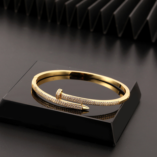 Gold 4mm Iced Nail Bangle Bracelet