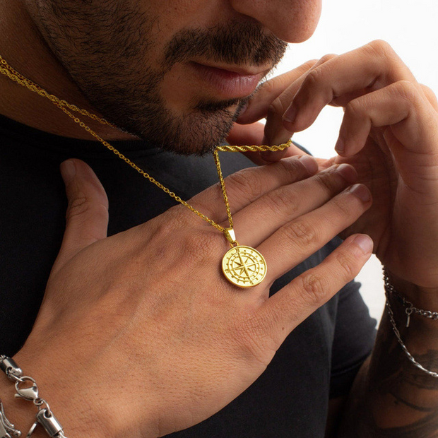 Men's Compass Design Pendant And Chain Set