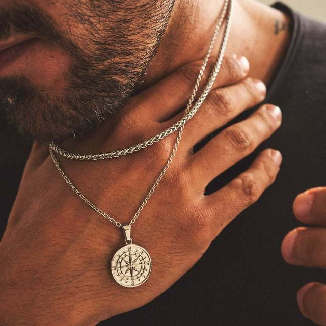 Men's Compass Design Pendant And Chain Set