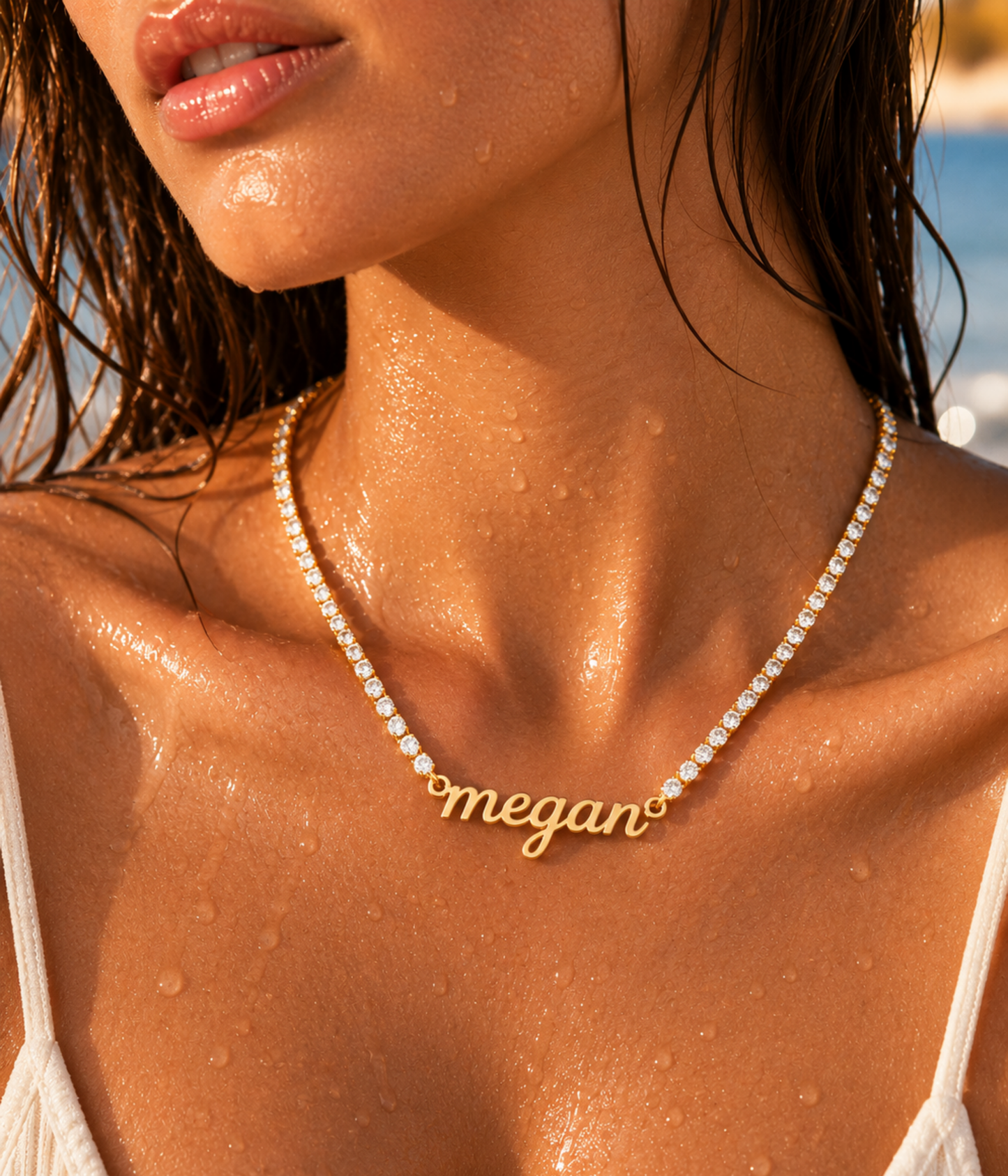 Custom Icy Name Necklace with Tennis Chain - Flooded Cursive Nameplate Pendant, Iced Out Diamond Link Choker, Waterproof Luxury Gift for Her