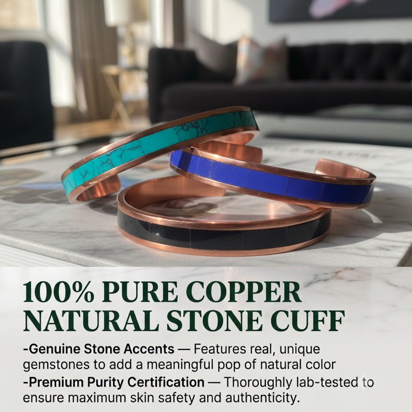 Pure Copper Bracelet with Lapis Lazuli - Adjustable Therapeutic Healing Cuff, Solid Raw Copper Bangle, Premium Unisex Wellness Gift
