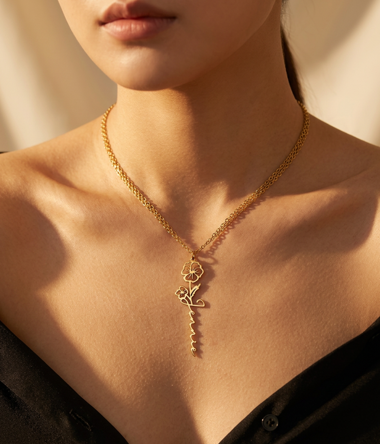 Personalized Birth Flower Name Letter Pendant Necklace