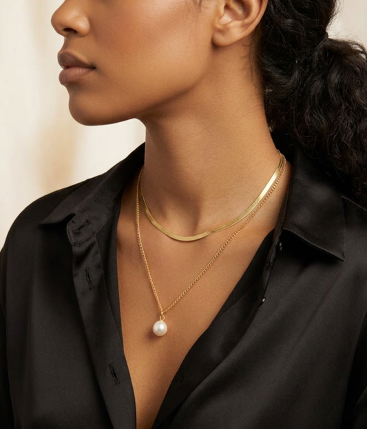 2-in-1 Layered Herringbone & Drop Pearl Pendant Necklace - Waterproof Gold Stainless Steel