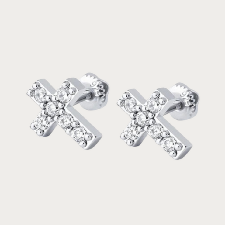 White Gold Mini Cross Earrings