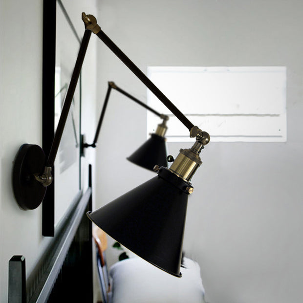 Industrial Retro Double Swing Arm Wall Sconce in Black & Brass