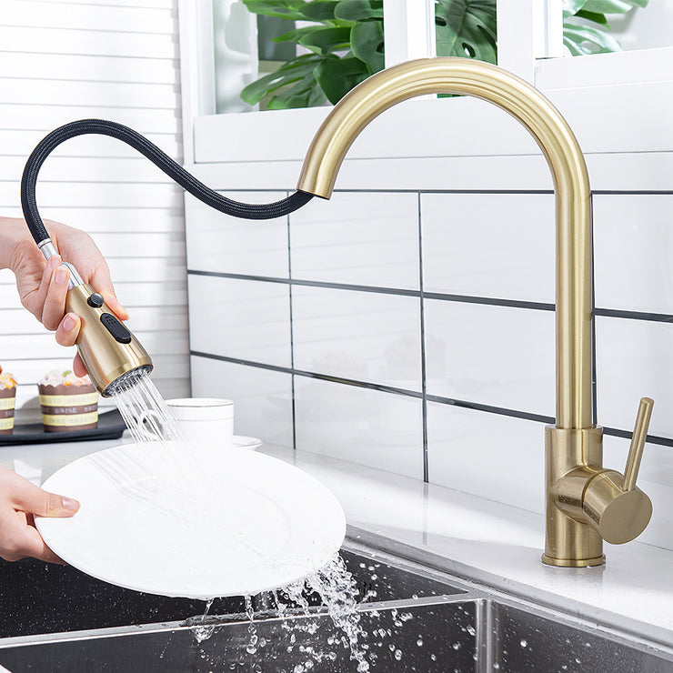 Pull Out Kitchen Tap Brushed Gold with Dual Function Sprayer