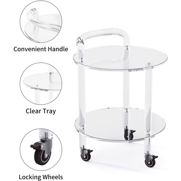 Modern Clear Acrylic Bar Cart Rolling Serving Trolley with 2 Tiers & Handle