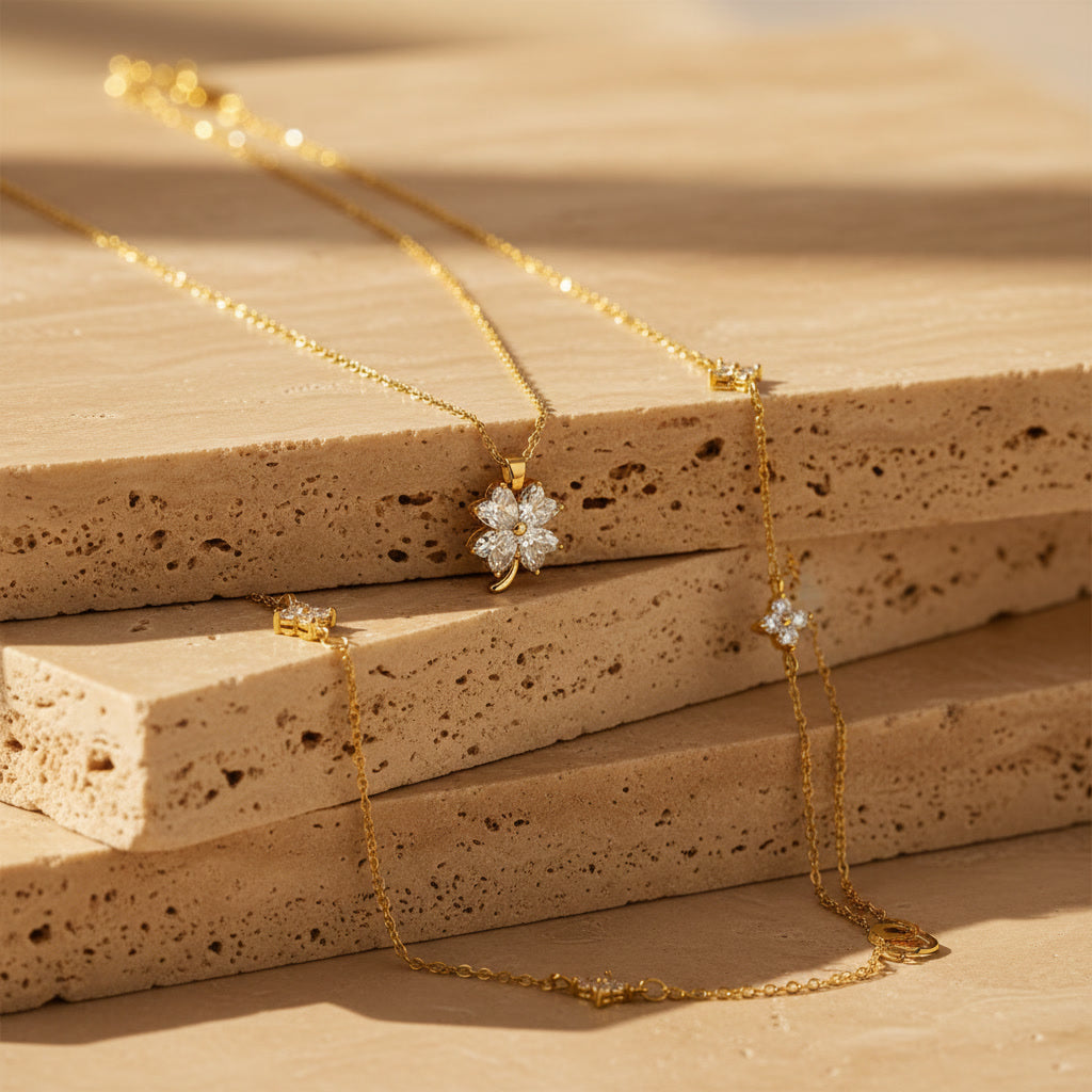 Gold Clover Necklace – Four Leaf Lucky Charm Pendant+ Bracelet set