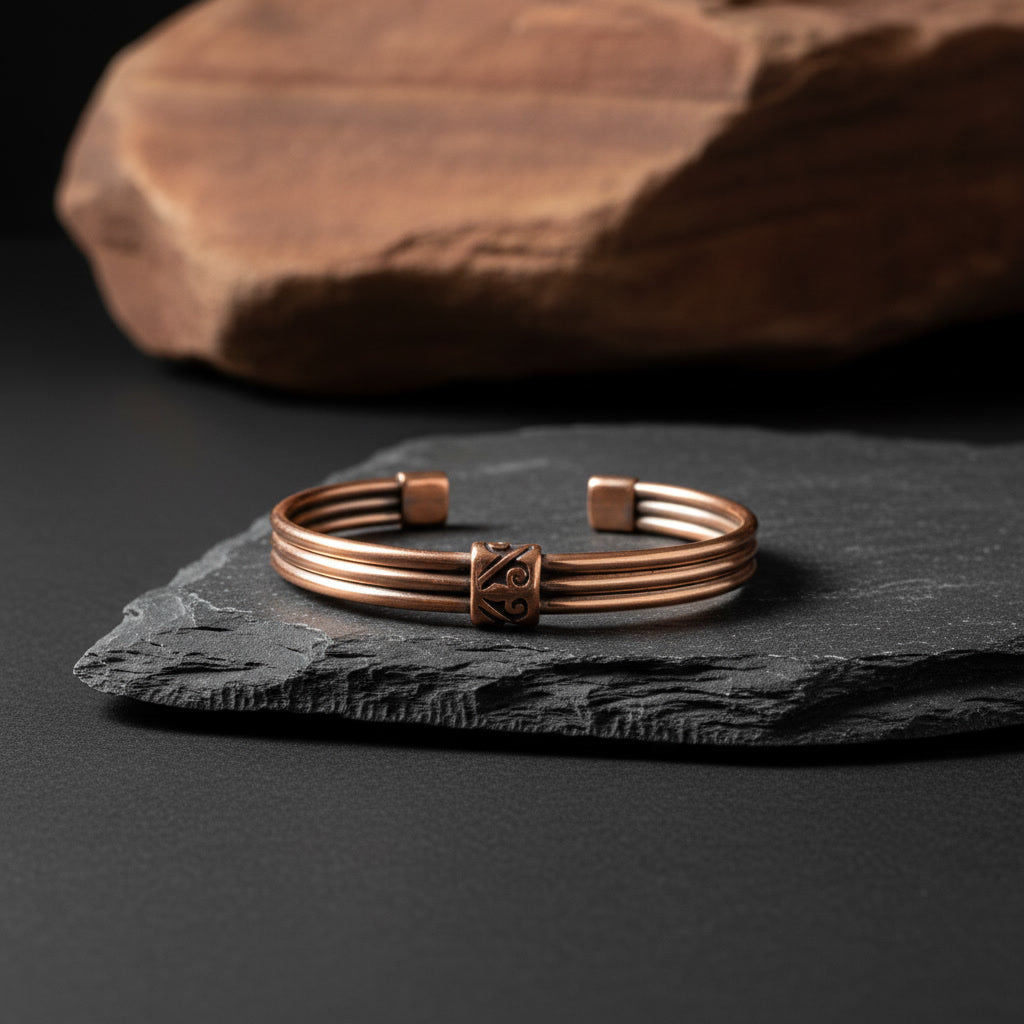 Handcrafted 3-Strand Pure Copper Bangle | Nepalese Stacked Cuff Bracelet with Geometric Clasp