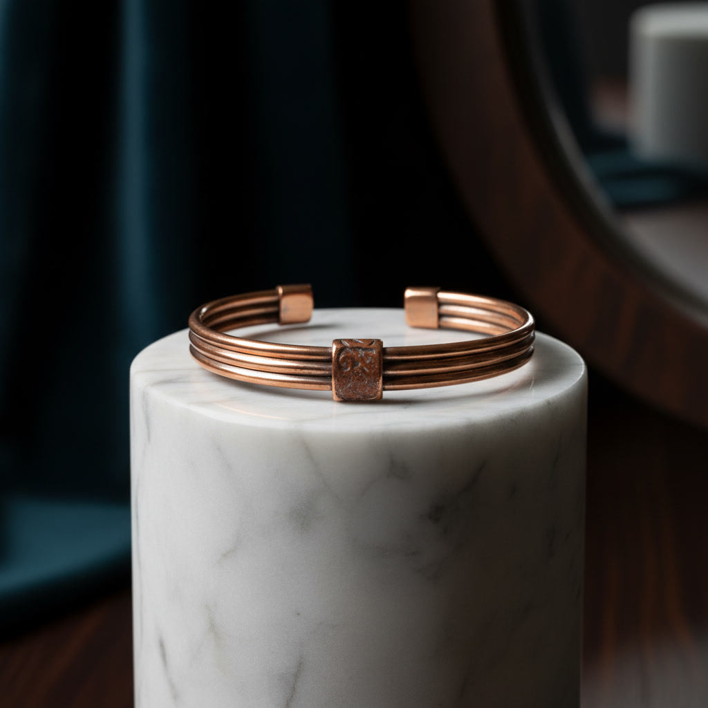 Handcrafted 3-Strand Pure Copper Bangle | Nepalese Stacked Cuff Bracelet with Geometric Clasp