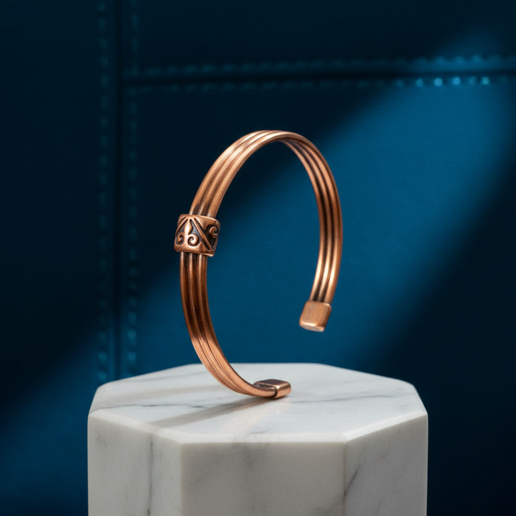 Handcrafted 3-Strand Pure Copper Bangle | Nepalese Stacked Cuff Bracelet with Geometric Clasp
