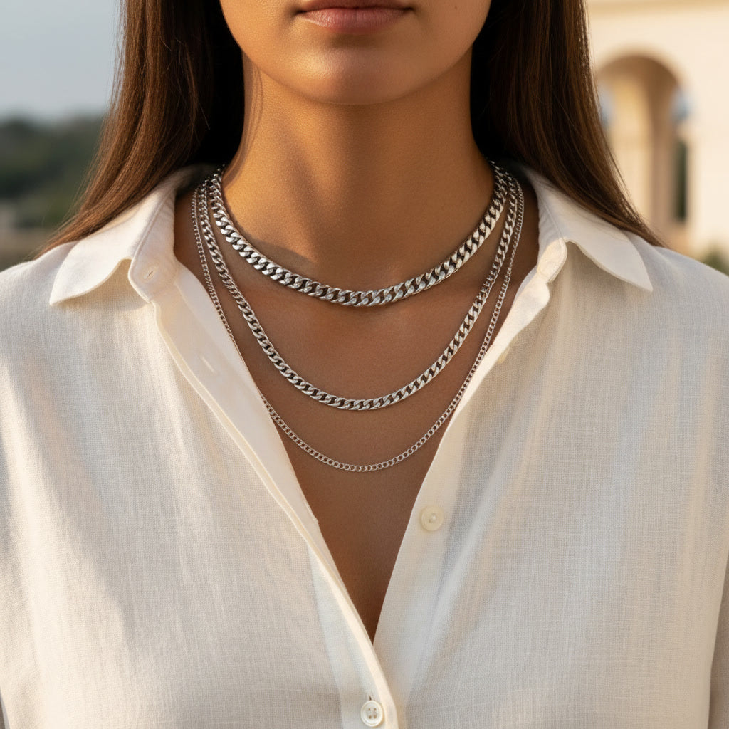 Classic 8mm Miami Cuban Link Chain - Premium White Gold Finish Heavy Duty Stainless Steel Core Layering Necklace