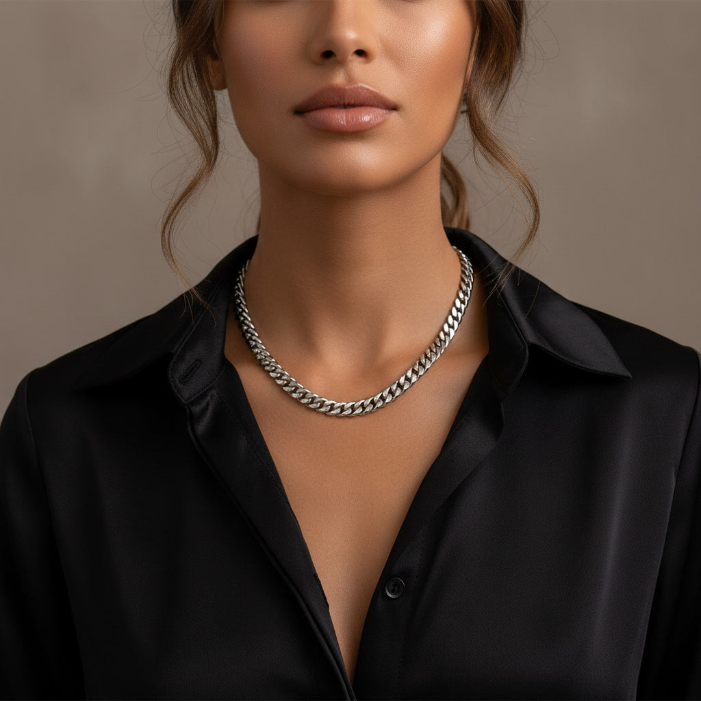Classic 8mm Miami Cuban Link Chain - Premium White Gold Finish Heavy Duty Stainless Steel Core Layering Necklace