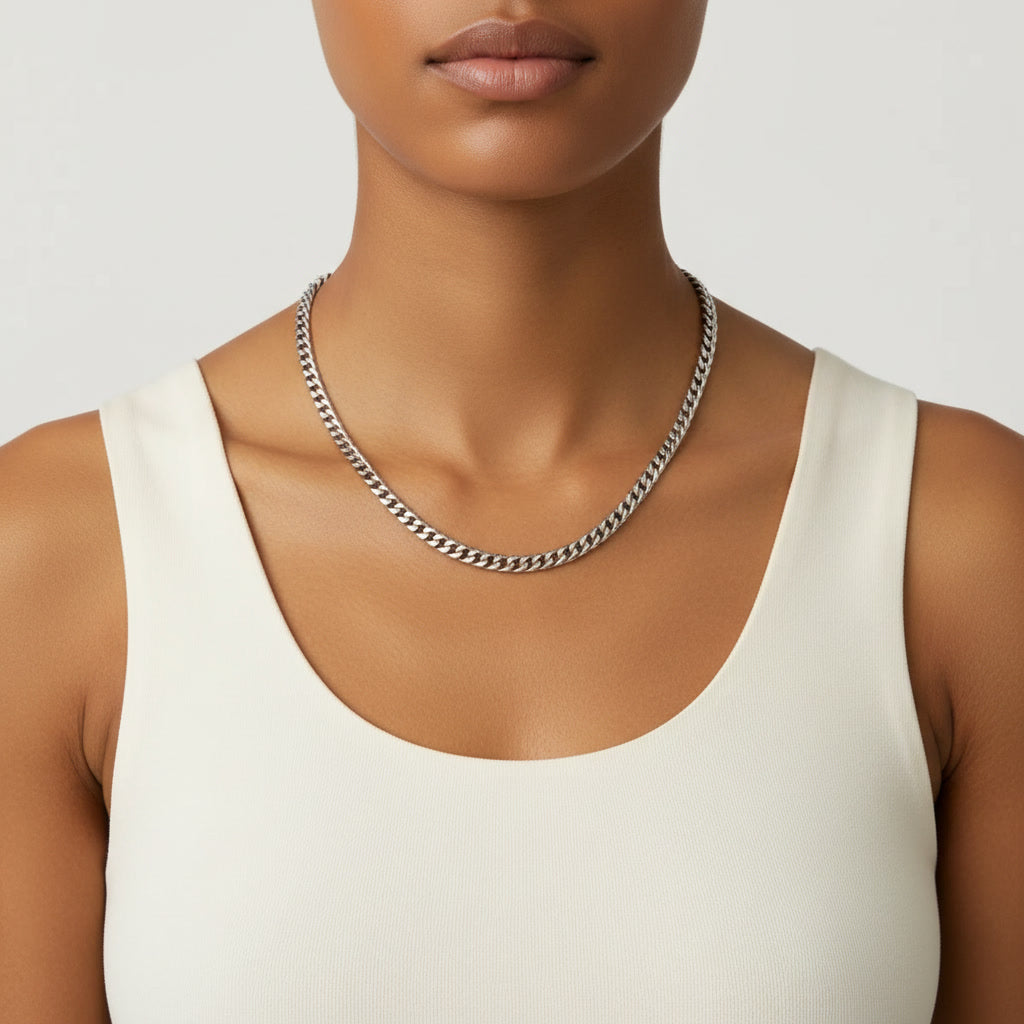 Classic 8mm Miami Cuban Link Chain - Premium White Gold Finish Heavy Duty Stainless Steel Core Layering Necklace