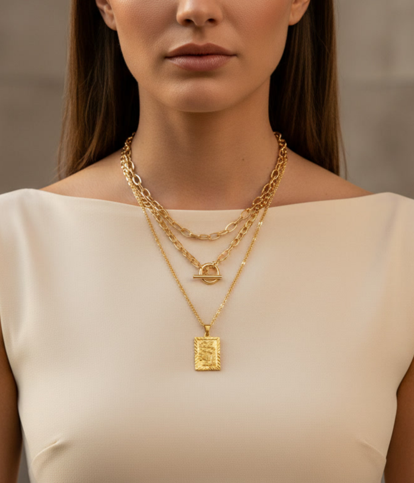 Luna  Teipple Layer Gold Chain Necklace | Paperclip & Toggle Pendant Necklace