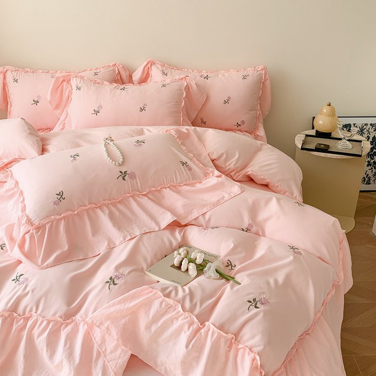 Rose Embroidered Ruffle Duvet Cover & Sham Set