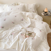 Rose Embroidered Ruffle Duvet Cover & Sham Set