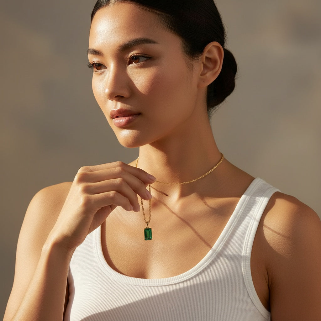 Luxury Emerald‑Cut Green Pendant Necklace – Box Gold Chain