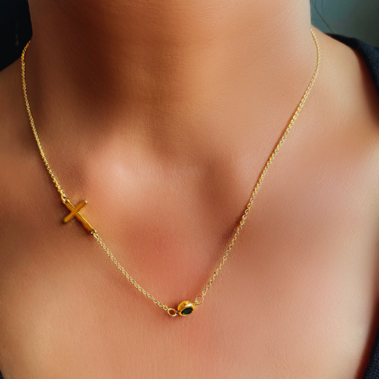 Sideways Cross with Birthstone Necklace