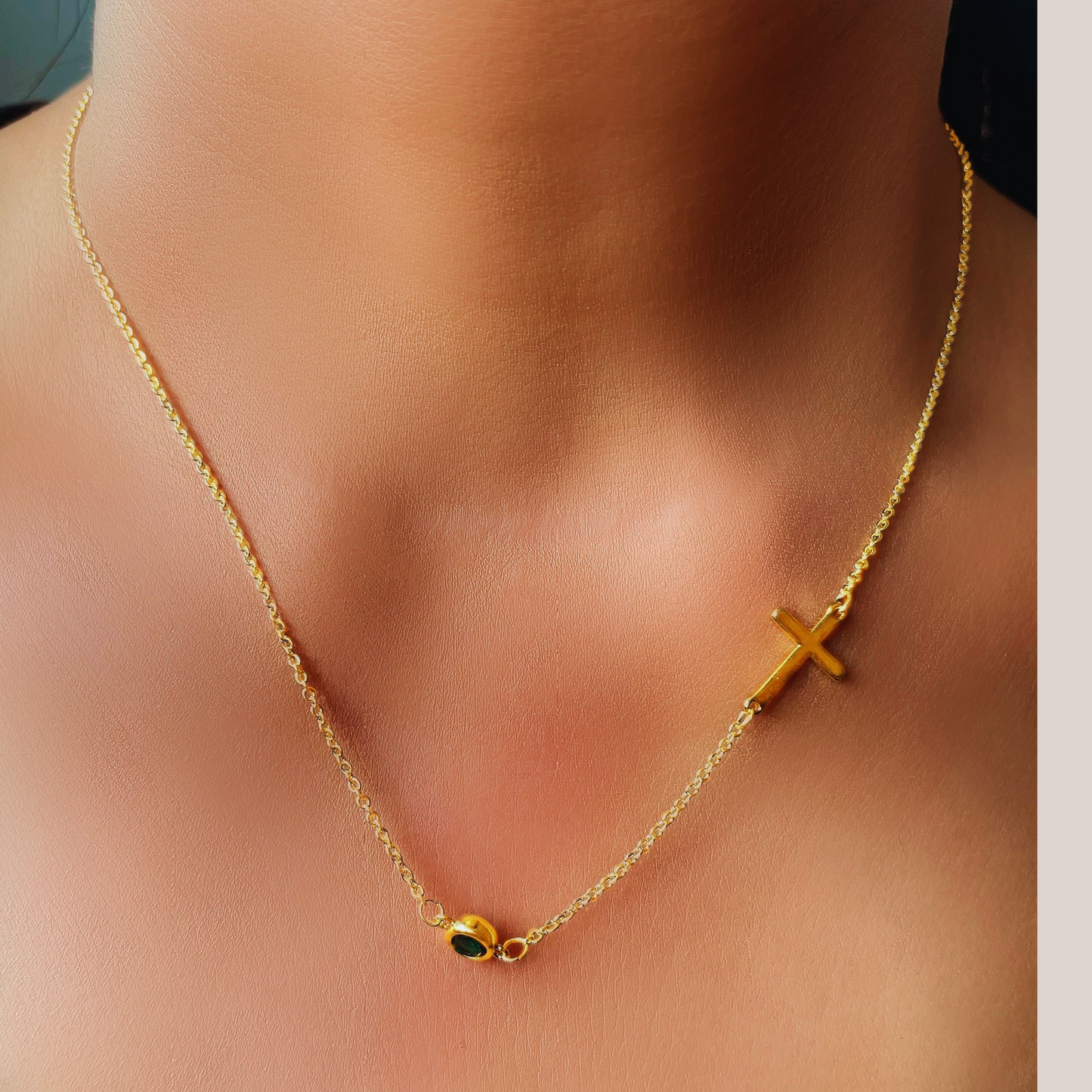 Sideways Cross with Birthstone Necklace