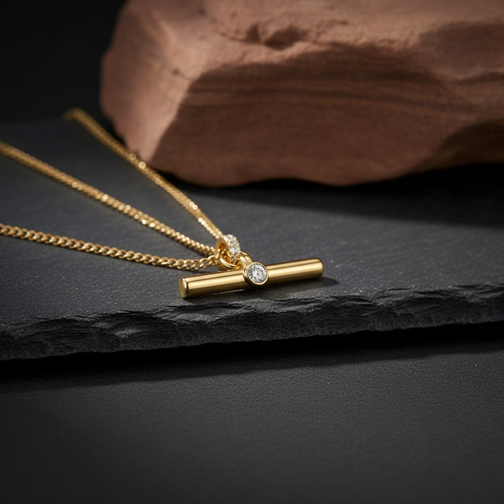 Classic Gold T‑Bar Necklace with Round Cut Stone – Waterproof Luxury Jewellery