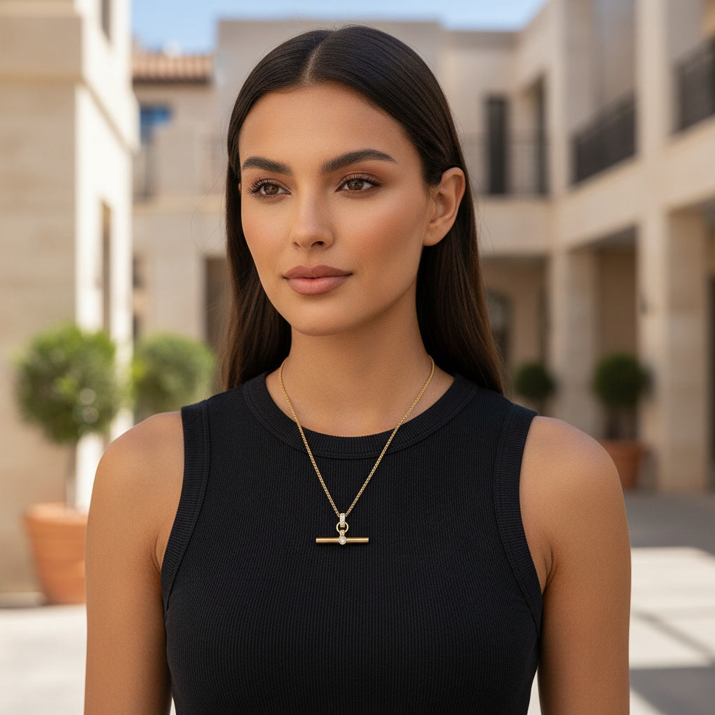 Classic Gold T‑Bar Necklace with Round Cut Stone – Waterproof Luxury Jewellery