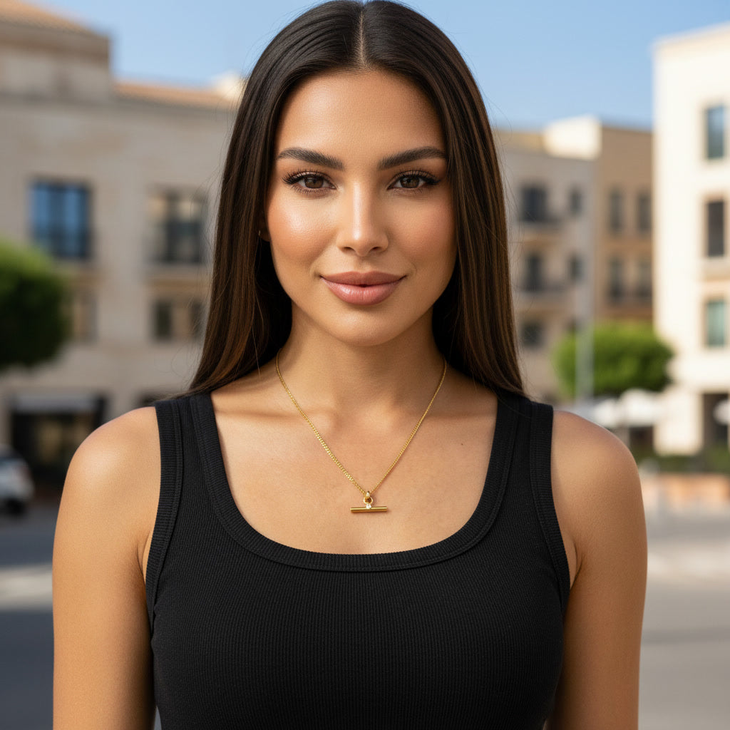 Classic Gold T‑Bar Necklace with Round Cut Stone – Waterproof Luxury Jewellery